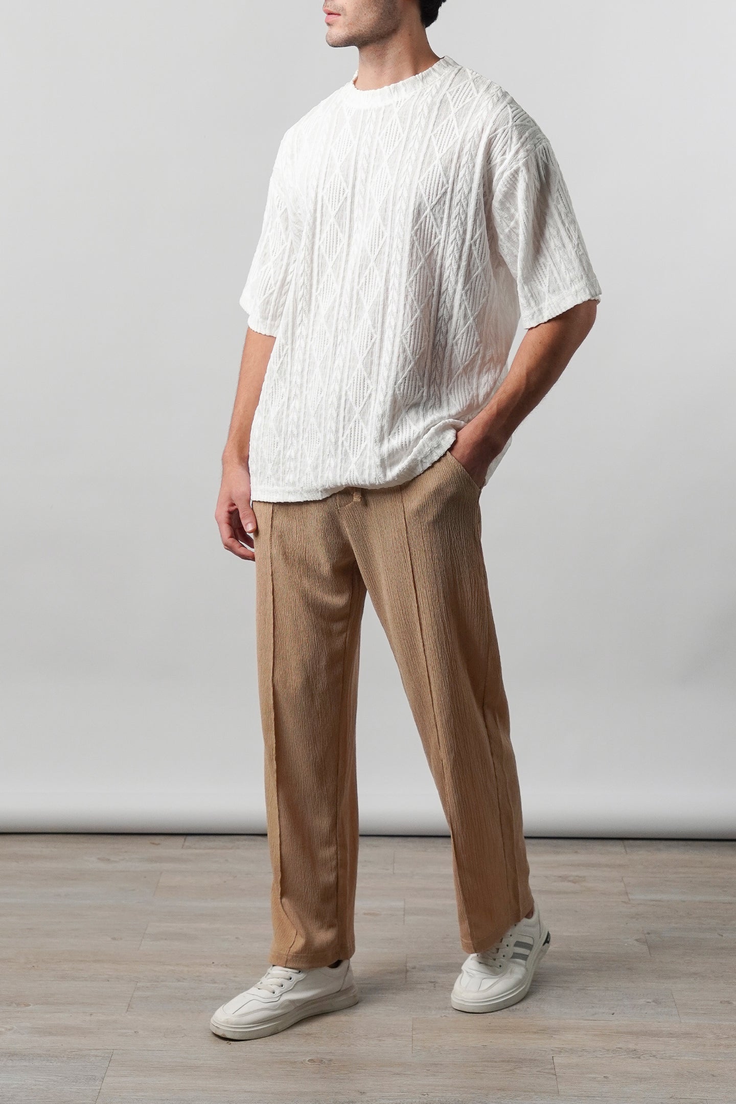Textured Pintex Trouser - Beige - Mendeez