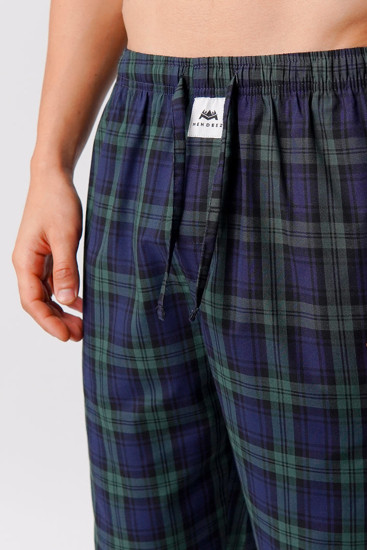 Check Woven Pajamas - Navy Blue & Green - Mendeez