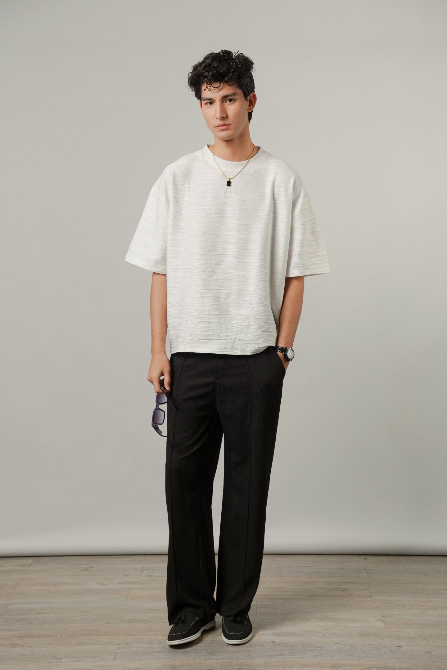 Oversized Textured Tee - White - FA - Mendeez