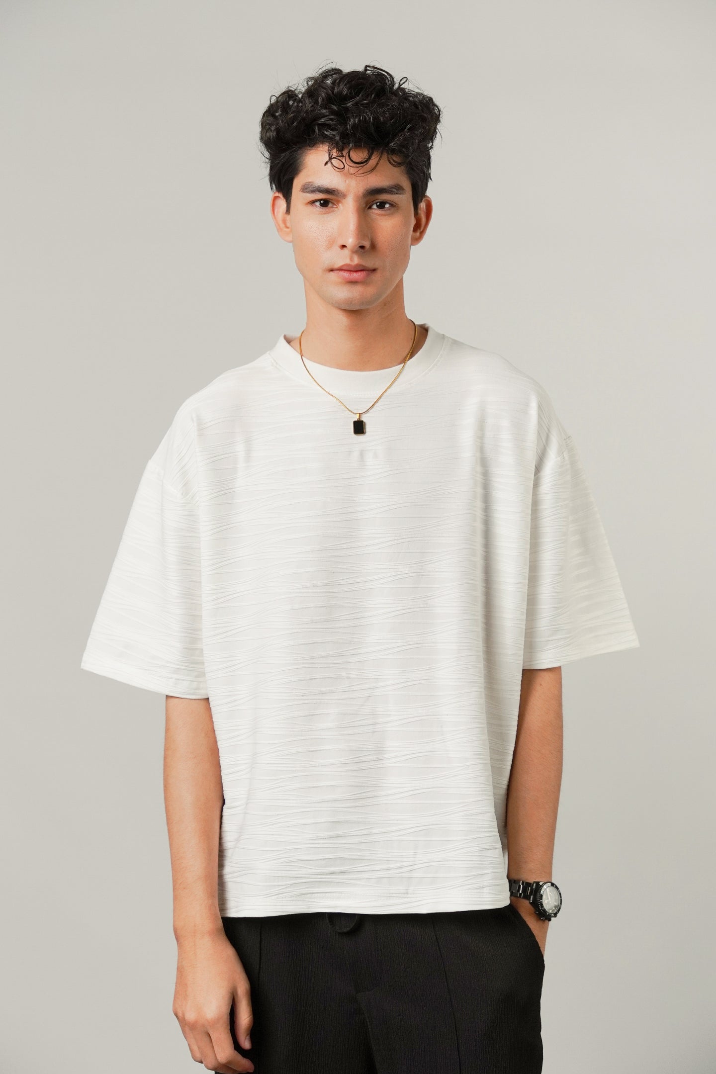 Oversized Textured Tee - White - FA - Mendeez