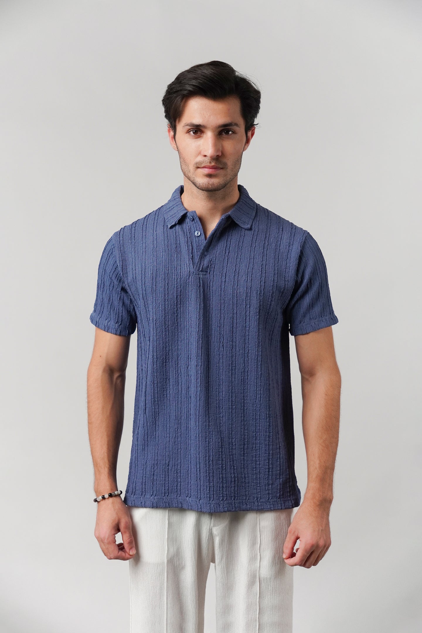 Knitted Polo Shirt - Blue - Mendeez