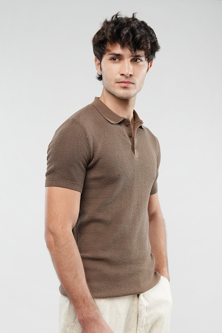 Knitted Polo Shirt - Brown - Mendeez