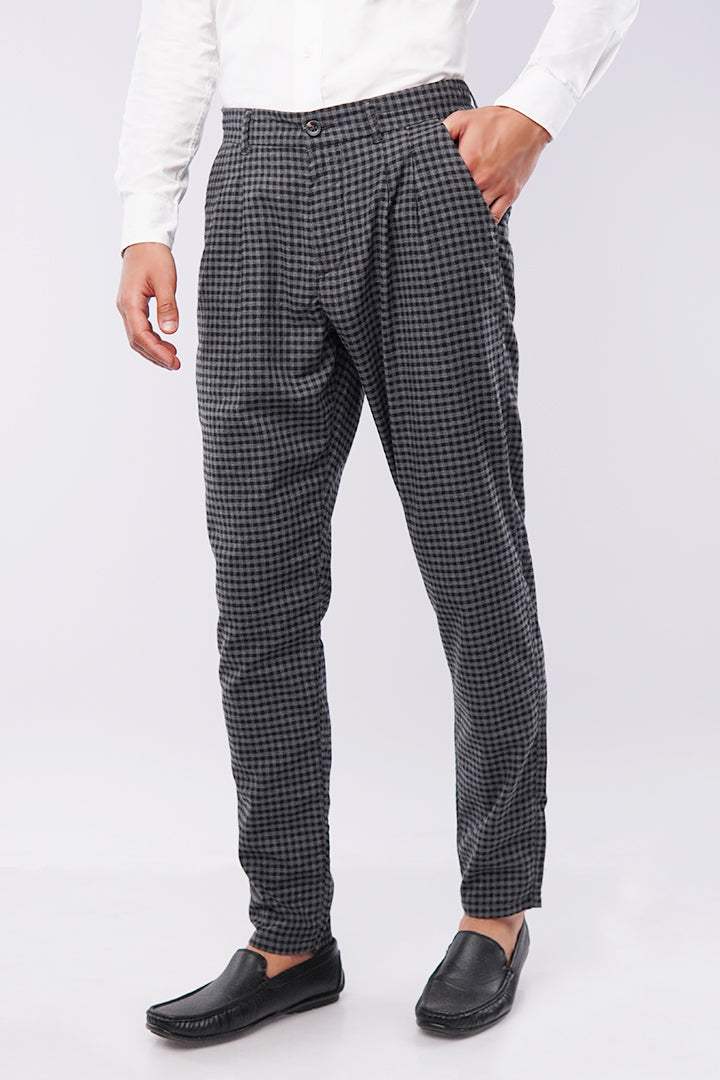 Check Pleated Pants - Black & Grey - Mendeez