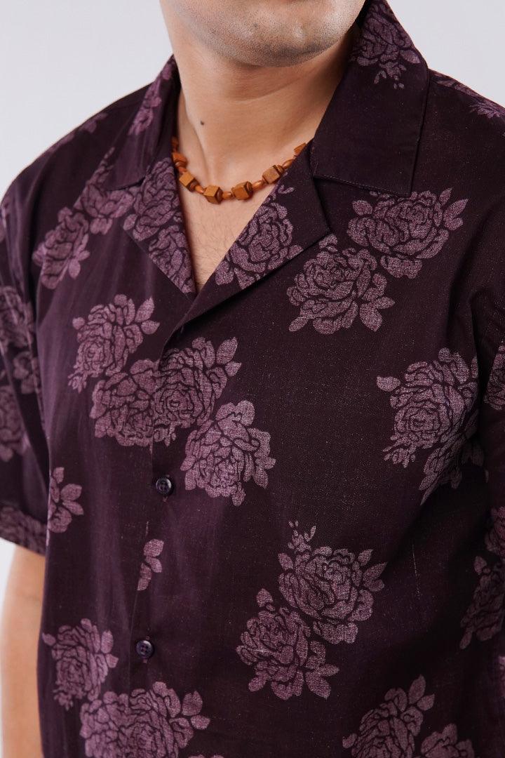 Floral Printed Cuban Shirt - Maroon - Mendeez