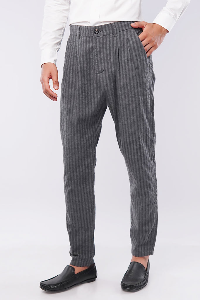 Striped Pleated Pants - Black & Grey - Mendeez