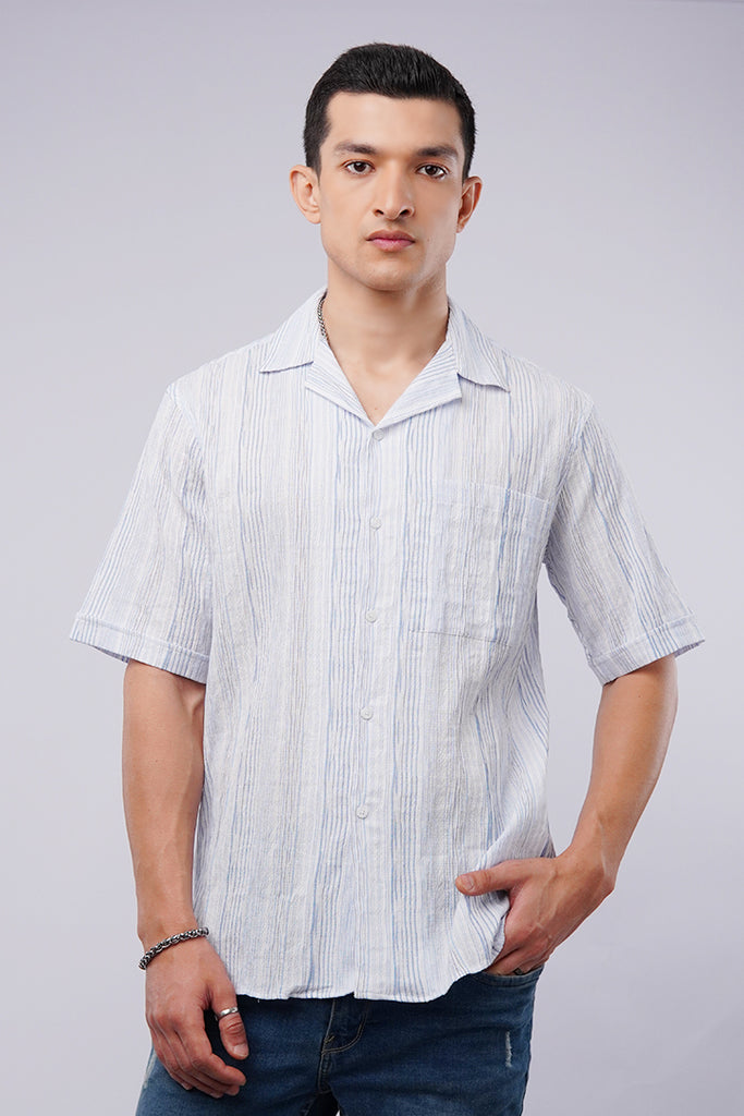 Striped Texture Cuban Shirt - Blue & White - Mendeez
