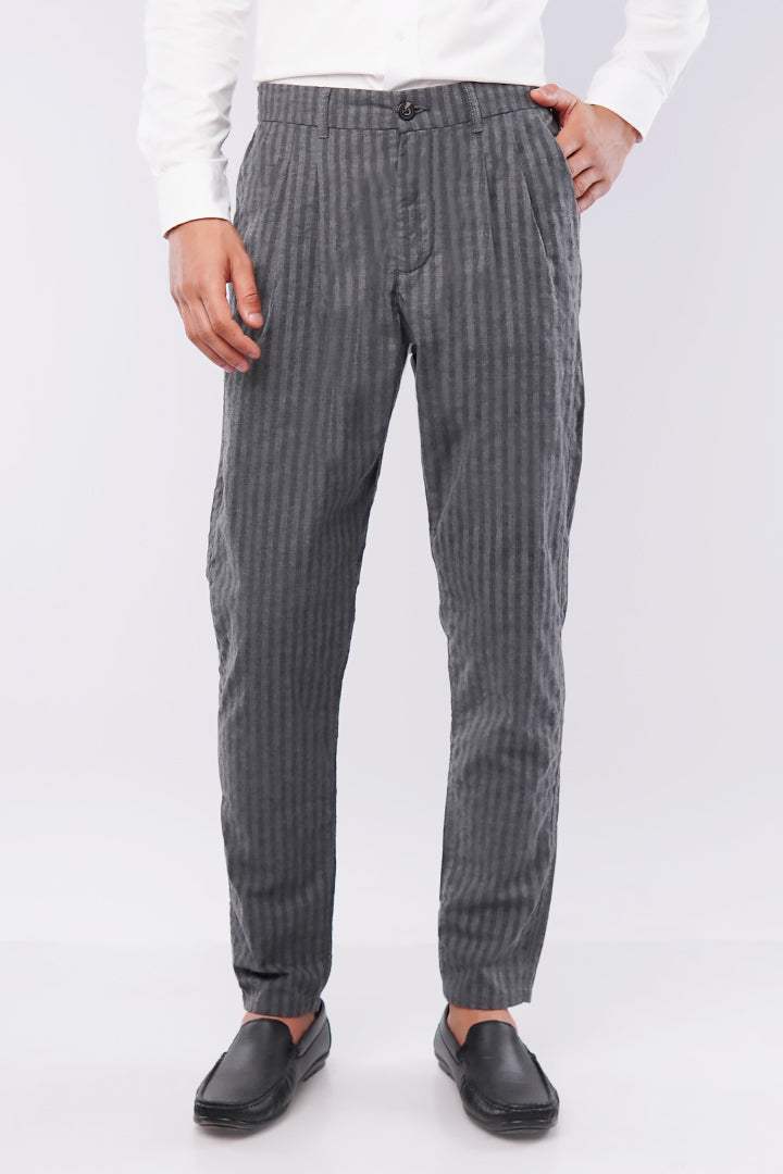 Striped Pleated Pants - Black & Grey - Mendeez