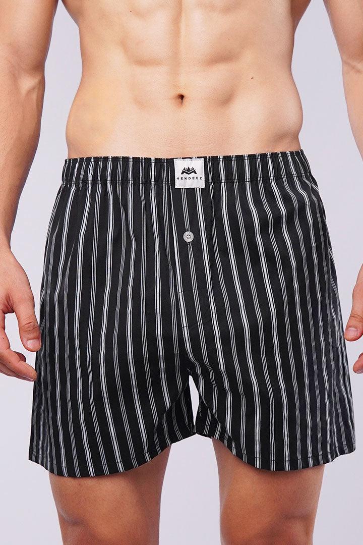 Striped Woven Boxer Shorts - Black - Mendeez