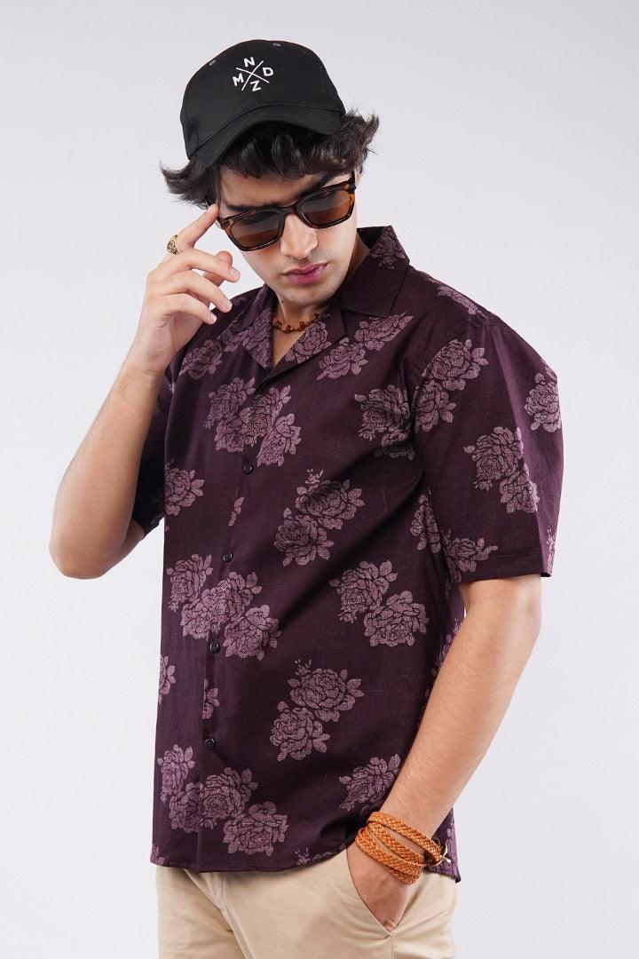 Floral Printed Cuban Shirt - Maroon - Mendeez