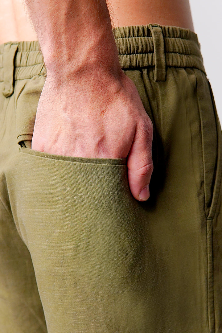 Straight Fit Linen Pants - Olive - Mendeez
