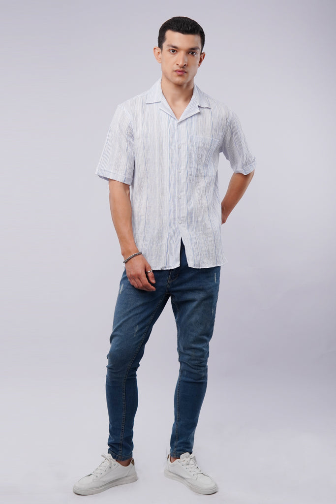 Striped Texture Cuban Shirt - Blue & White - Mendeez