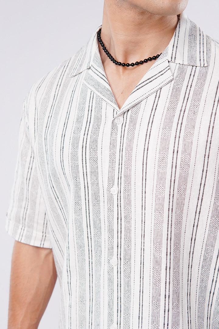 Striped Texture Cuban Shirt - White & Black - Mendeez