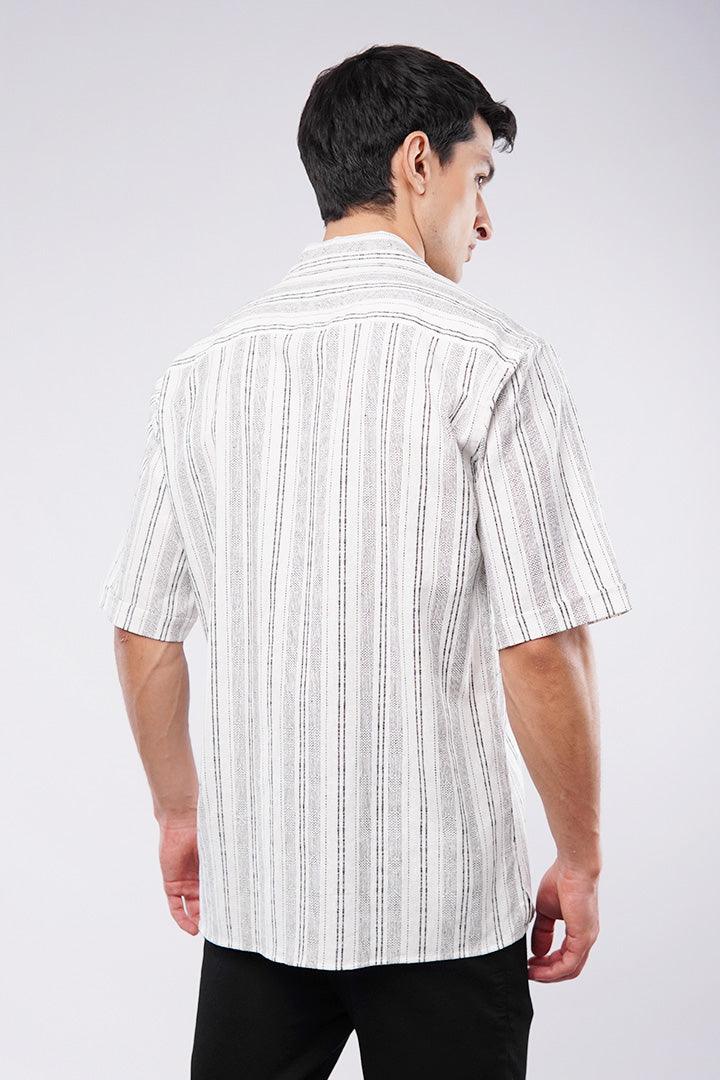 Striped Texture Cuban Shirt - White & Black - Mendeez