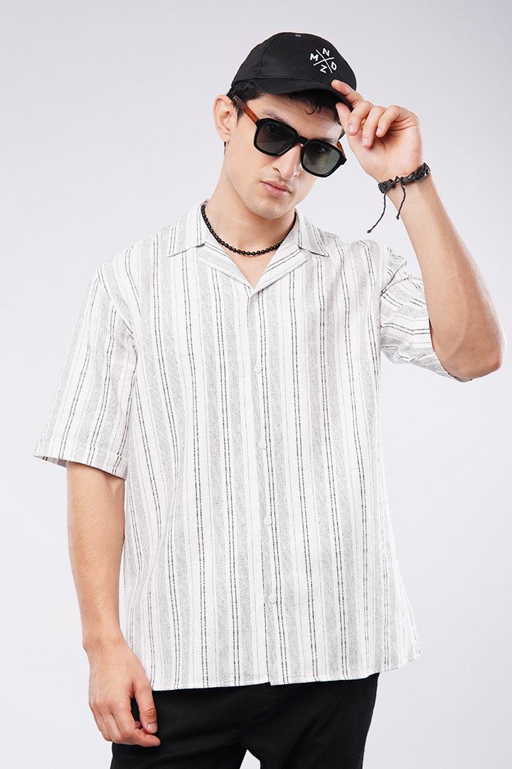 Striped Texture Cuban Shirt - White & Black - Mendeez