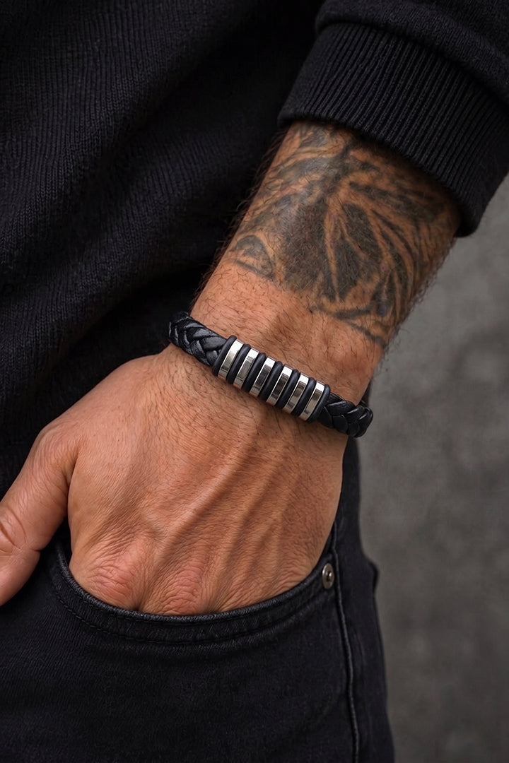 Textured Black Silver Ring Bracelet-4-MENDEEZ