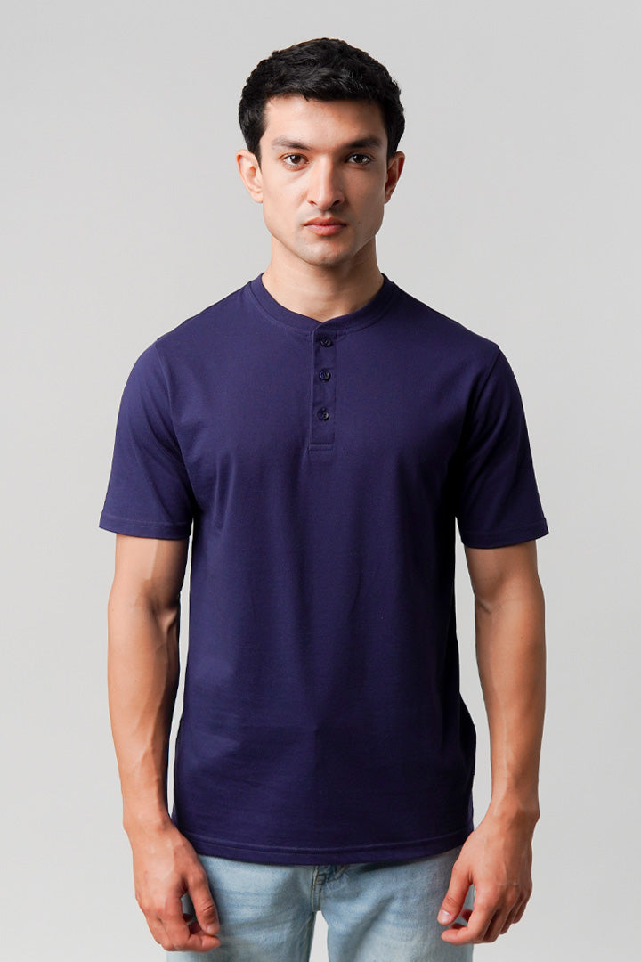 Regular Fit Henley T-Shirt - Navy Blue - Mendeez
