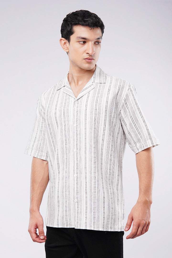 Striped Texture Cuban Shirt - White & Black - Mendeez