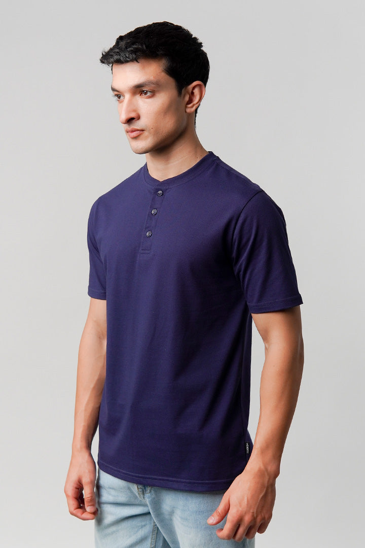 Regular Fit Henley T-Shirt - Navy Blue - Mendeez