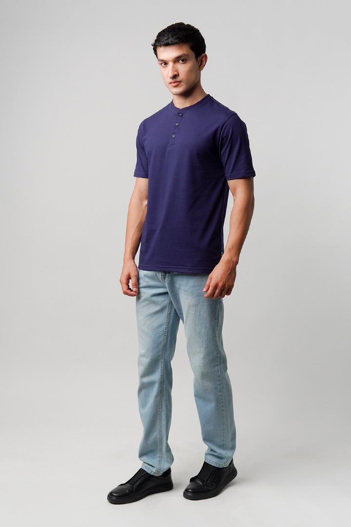 Regular Fit Henley T-Shirt - Navy Blue - Mendeez