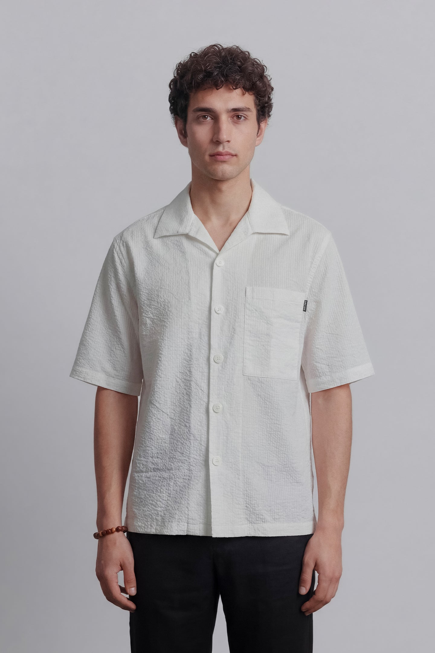 Seersucker Half Sleeves Shirt - Ivory - Mendeez
