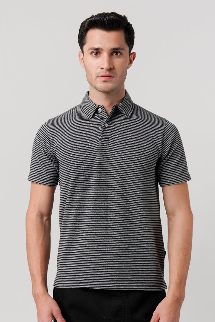 Striped Polo Shirt - Monochrome - Mendeez