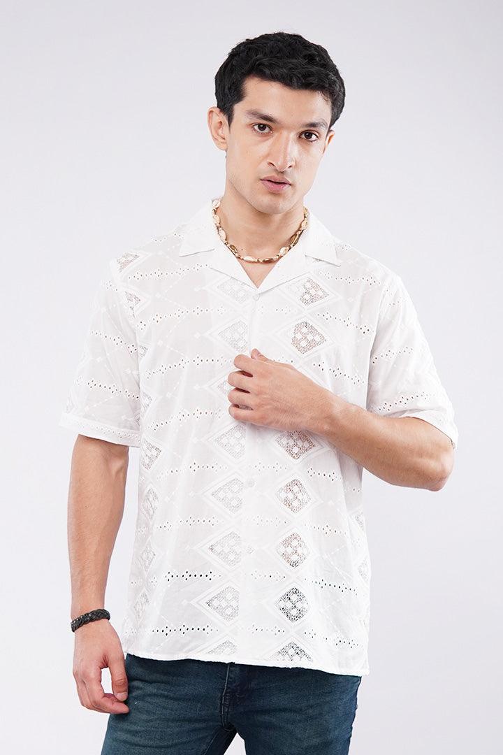 Embroidered Diamond Cuban Shirt - White - Mendeez