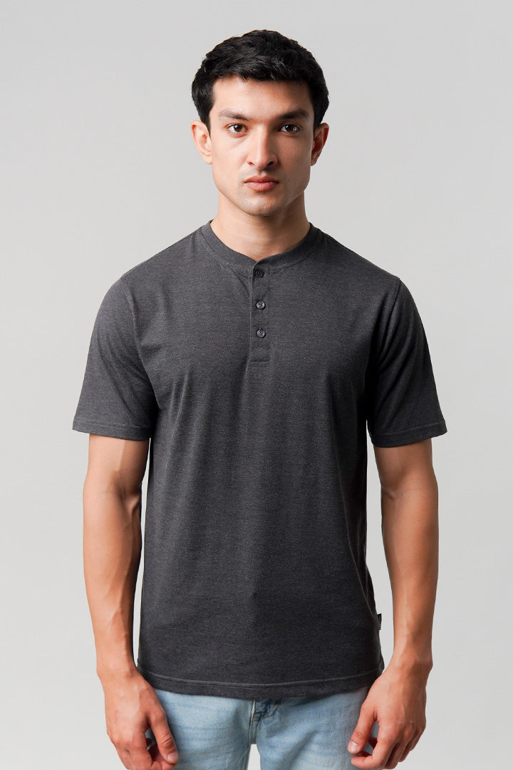 Regular Fit Henley T-Shirt - Charcoal Grey - Mendeez