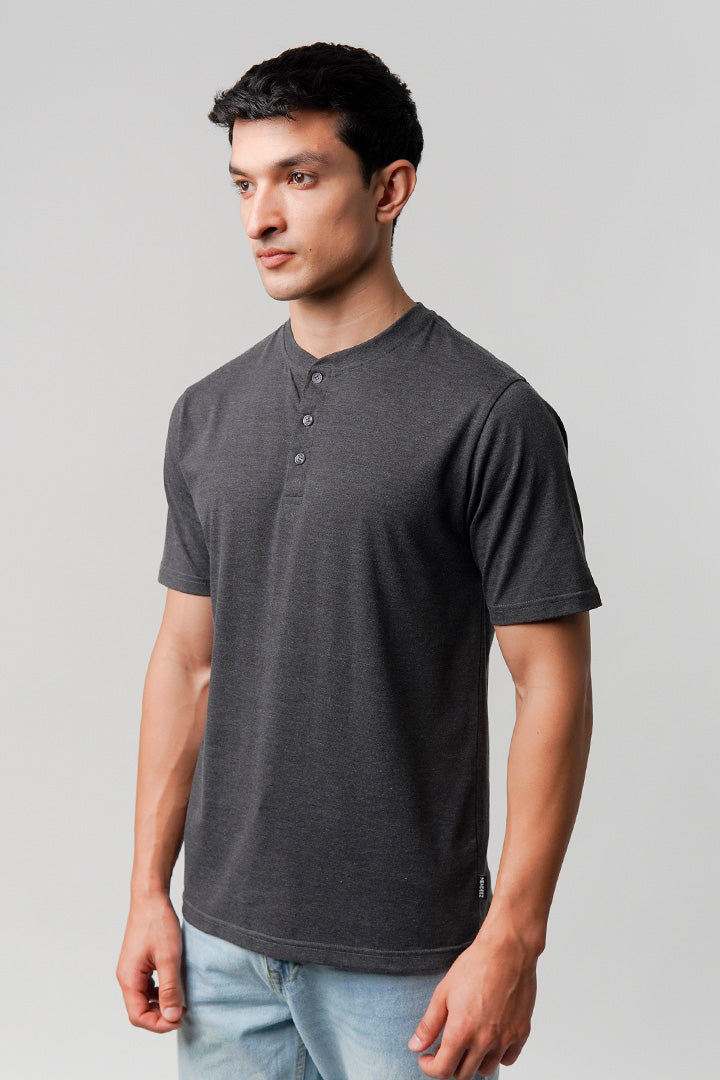 Regular Fit Henley T-Shirt - Charcoal Grey - Mendeez
