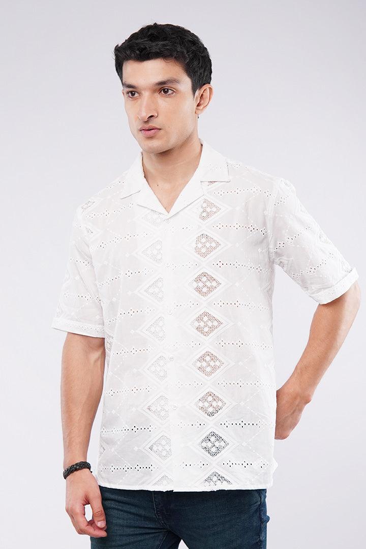 Embroidered Diamond Cuban Shirt - White - Mendeez