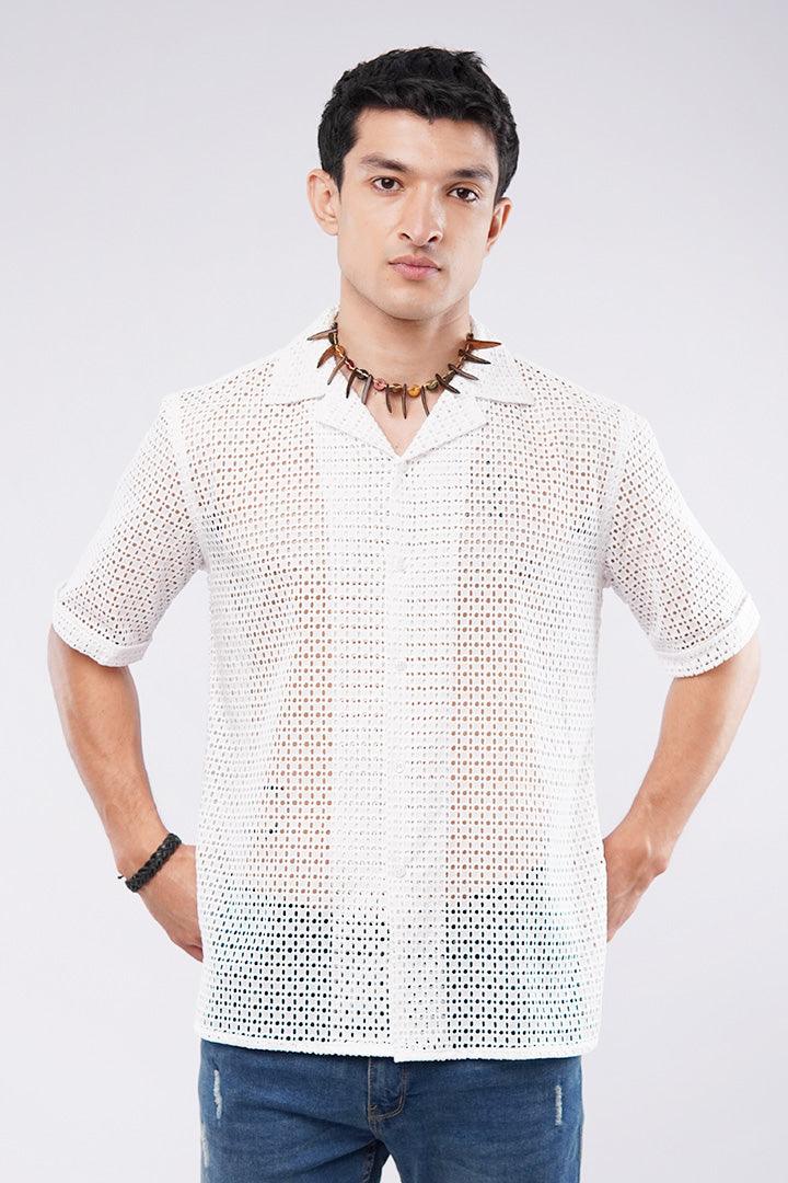 Embroidered Cut Out Cuban Shirt - White - Mendeez