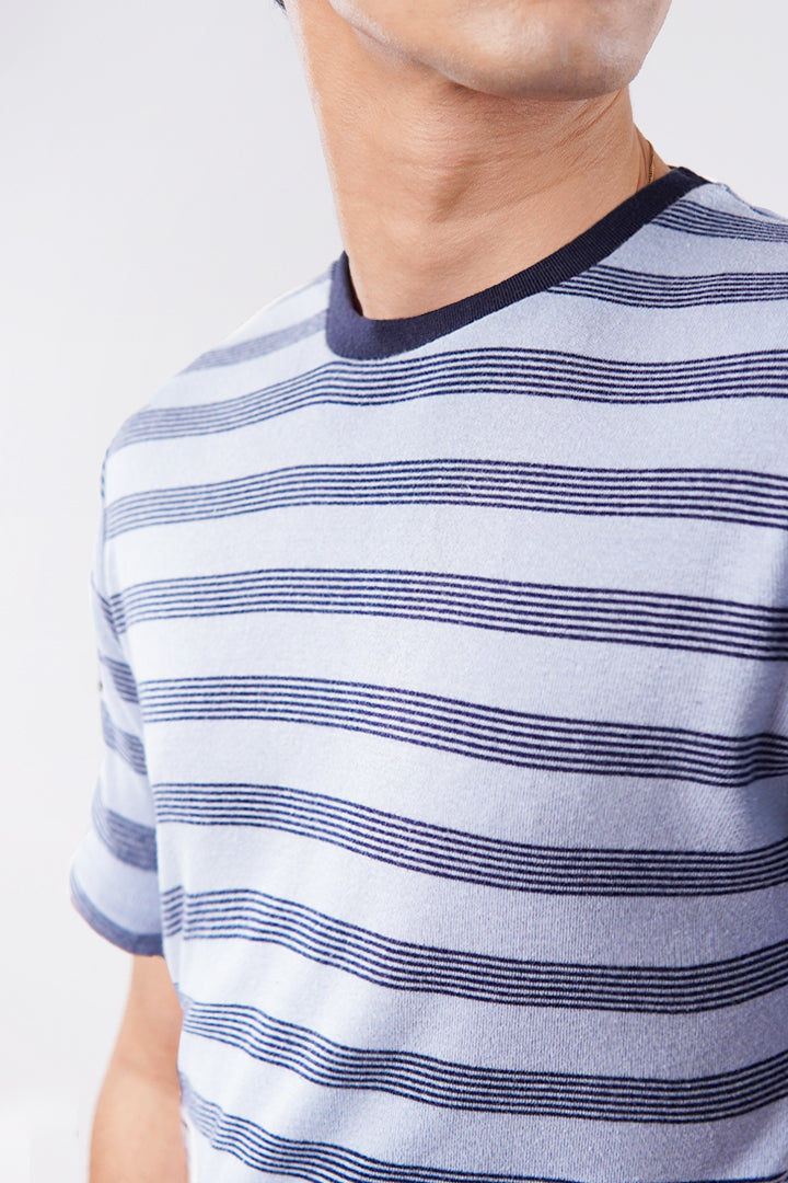 Striped Curved Hem T-Shirt - Sky Blue - Mendeez