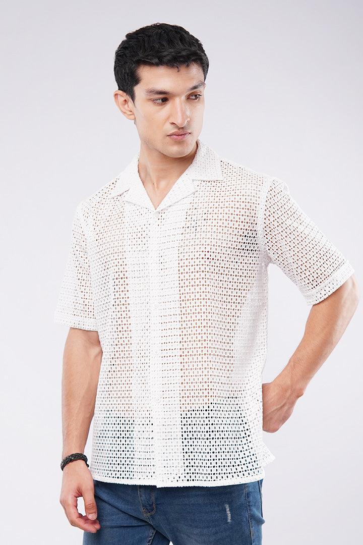 Embroidered Cut Out Cuban Shirt - White - Mendeez