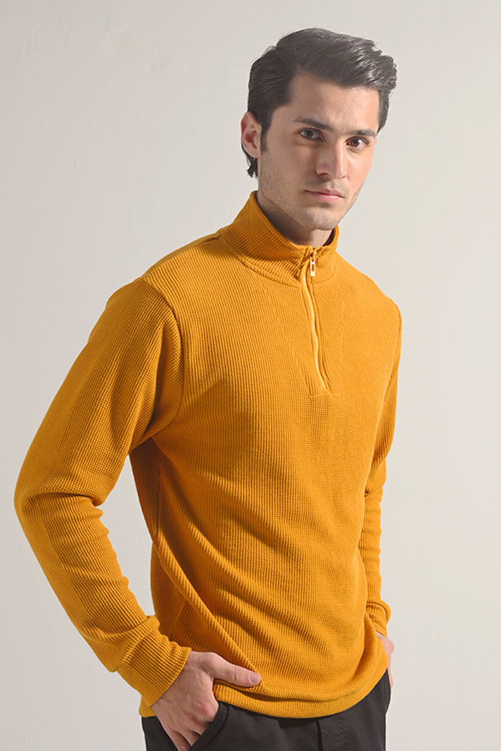 Textured Half Zipper Sweatshirt - Mustard - Mendeez