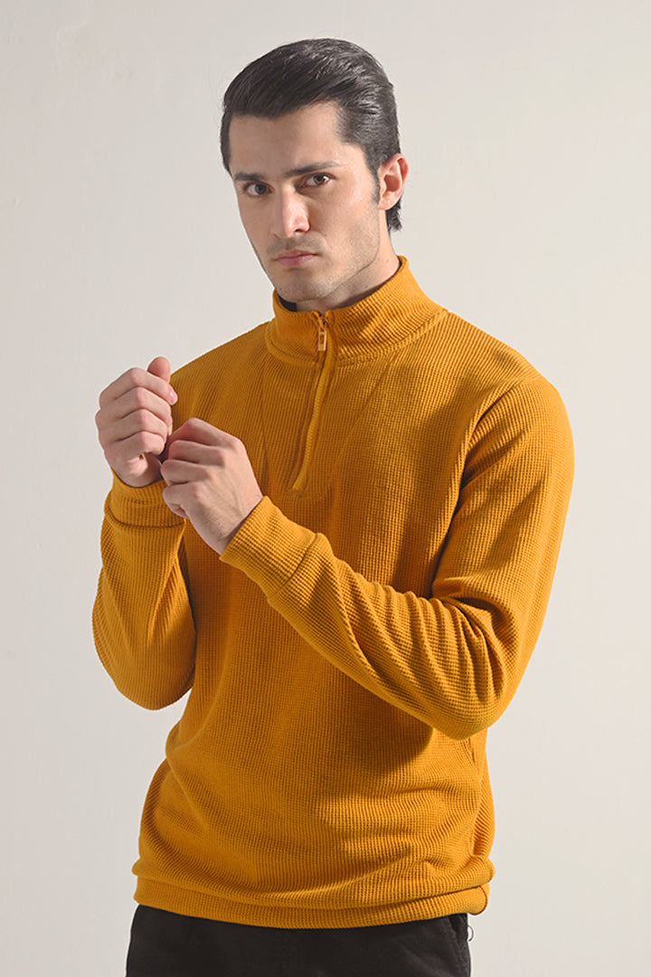 Textured Half Zipper Sweatshirt - Mustard - Mendeez