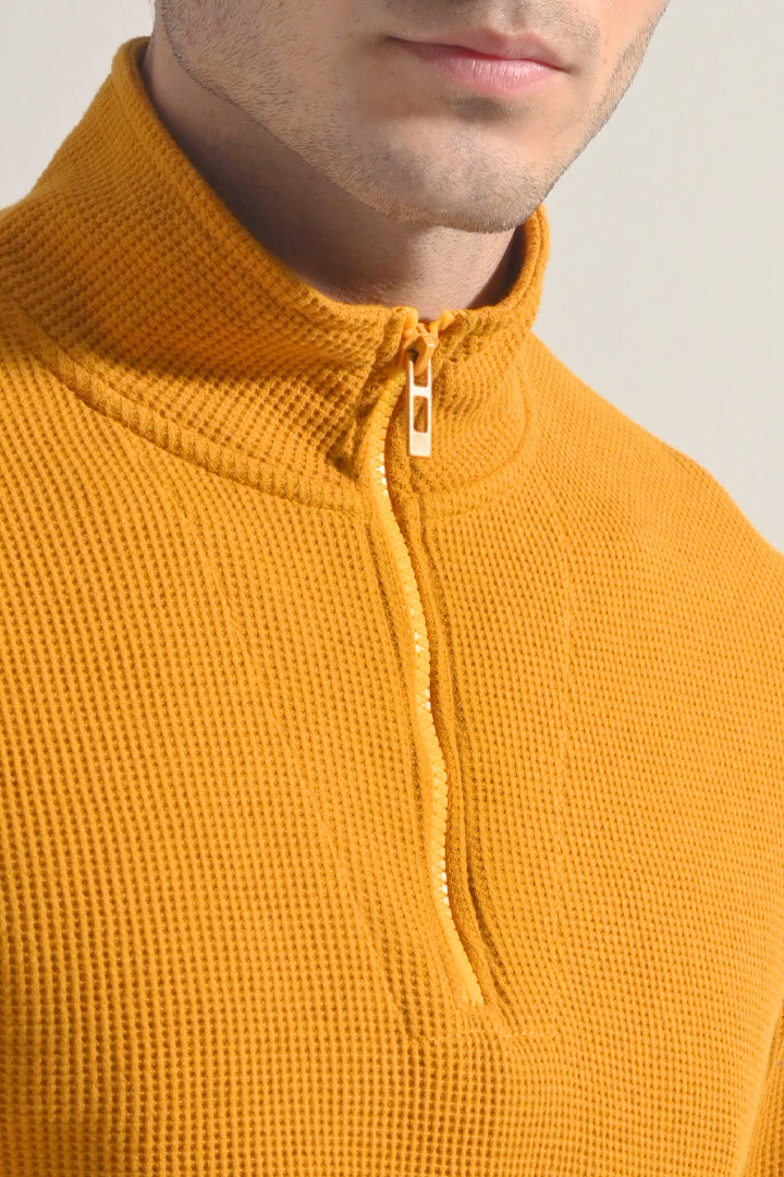 Textured Half Zipper Sweatshirt - Mustard - Mendeez