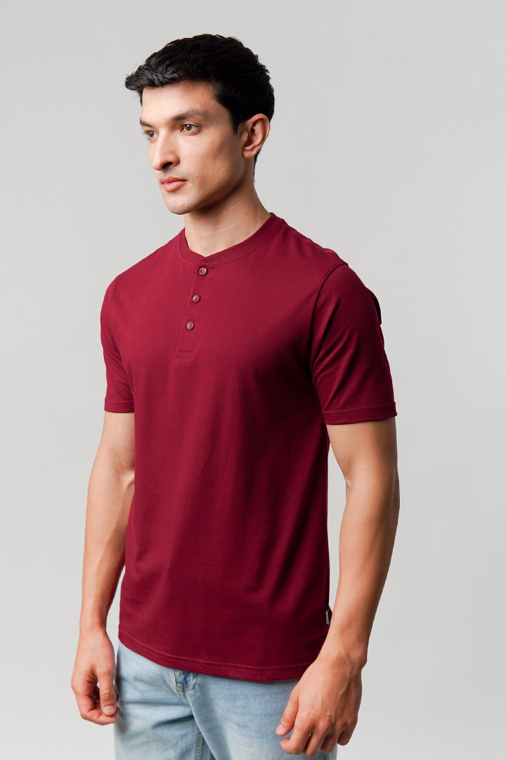 Regular Fit Henley T-Shirt - Maroon - Mendeez