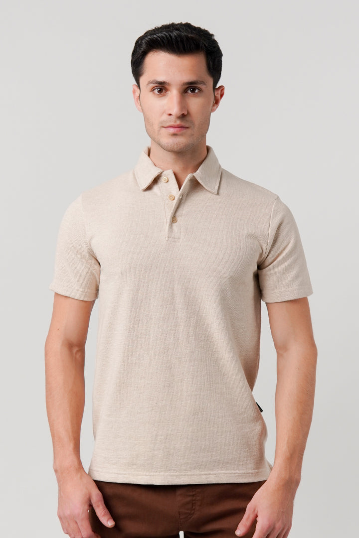 Knitted Polo Shirt - Beige - Mendeez