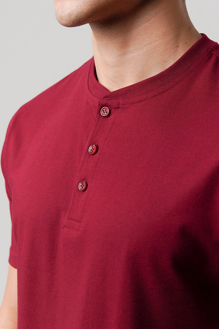 Regular Fit Henley T-Shirt - Maroon - Mendeez