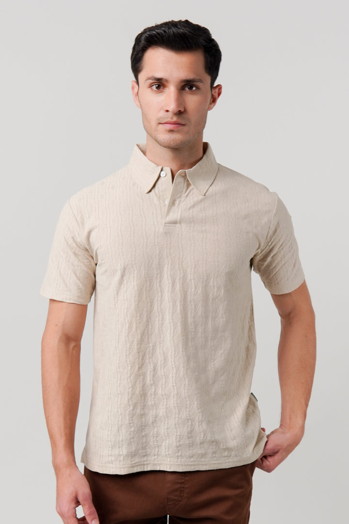 Jacquard Textured Polo Shirt - Beige - Mendeez