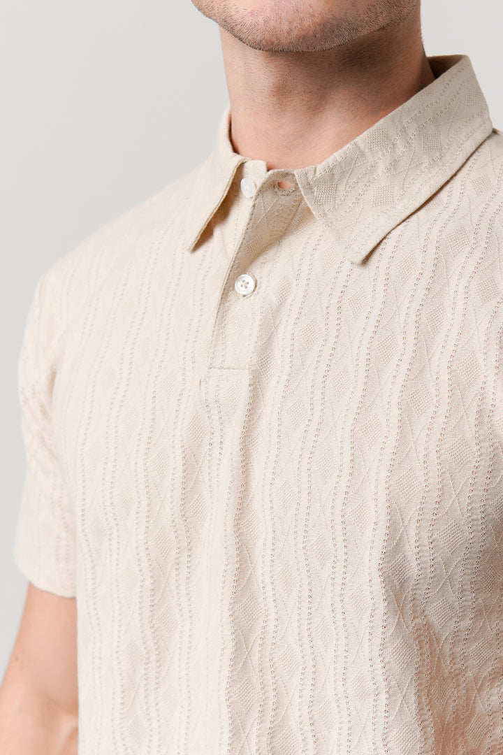 Jacquard Textured Polo Shirt - Beige - Mendeez