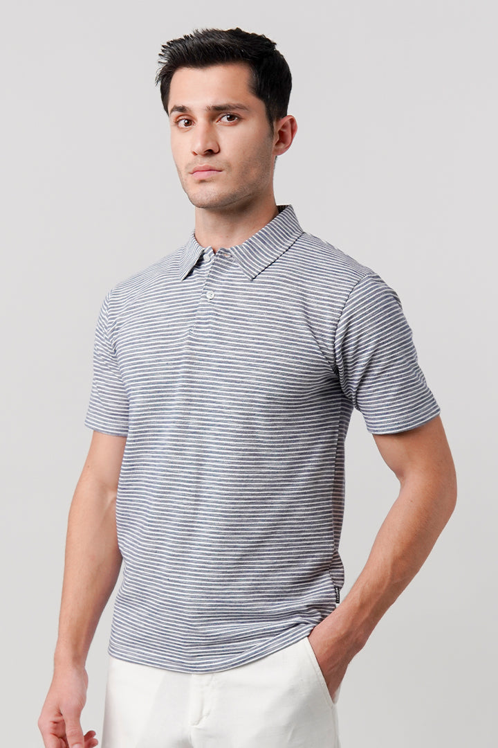 Striped Polo Shirt - Blue - Mendeez
