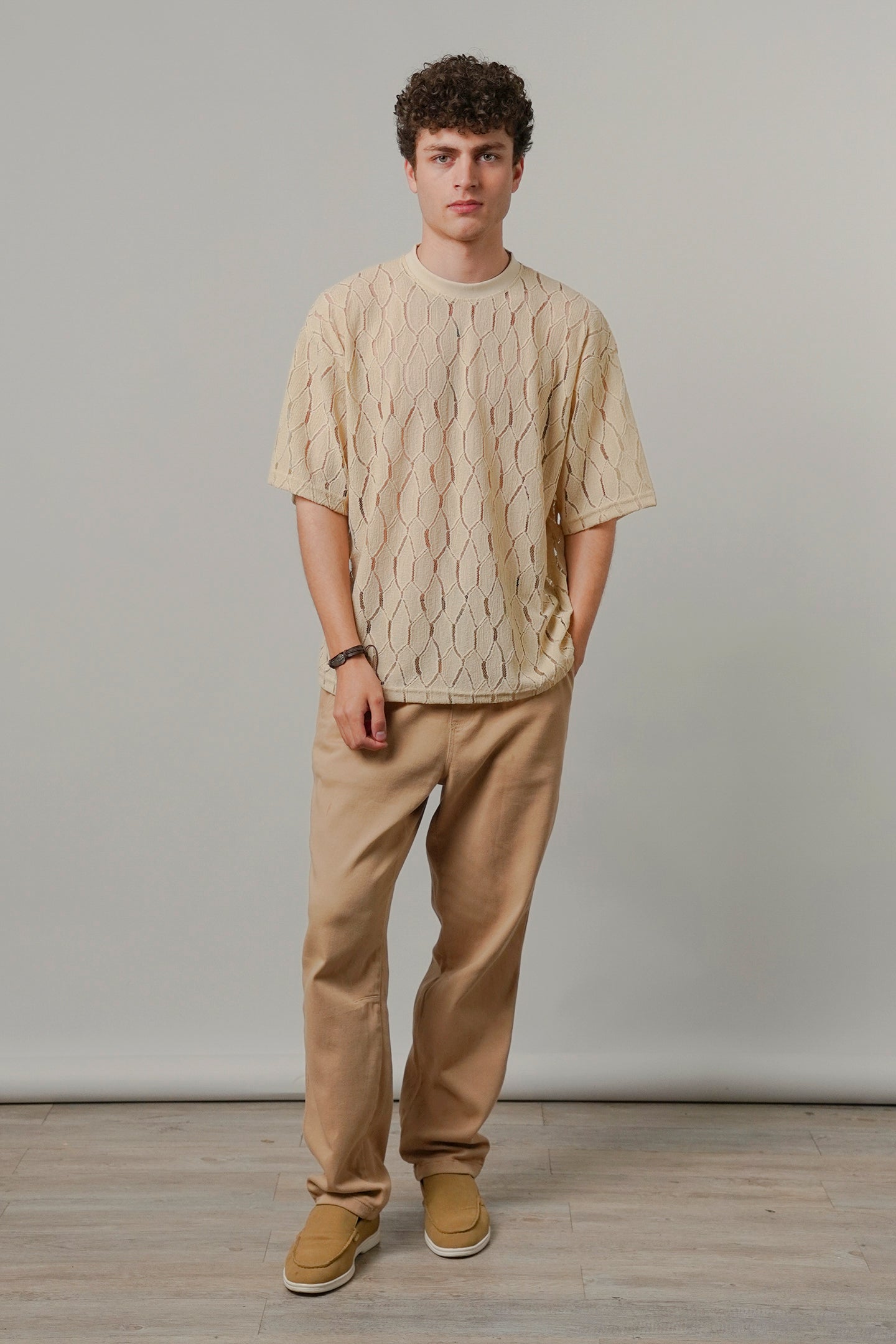 Knitted Oversized T-Shirt - Cream - Mendeez
