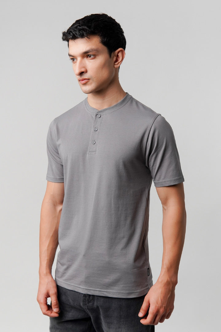Regular Fit Henley T-Shirt - Grey - Mendeez
