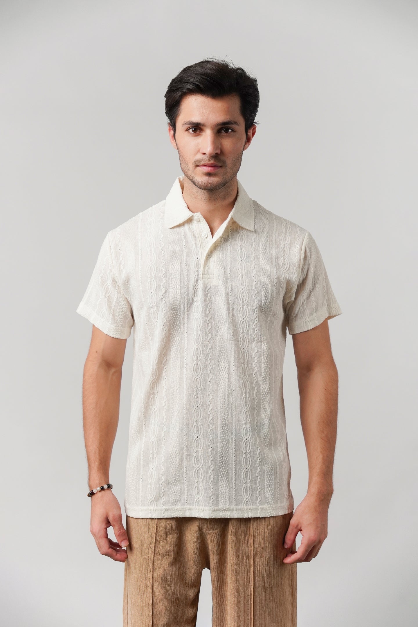 Knitted Polo Shirt - Off-White - Mendeez