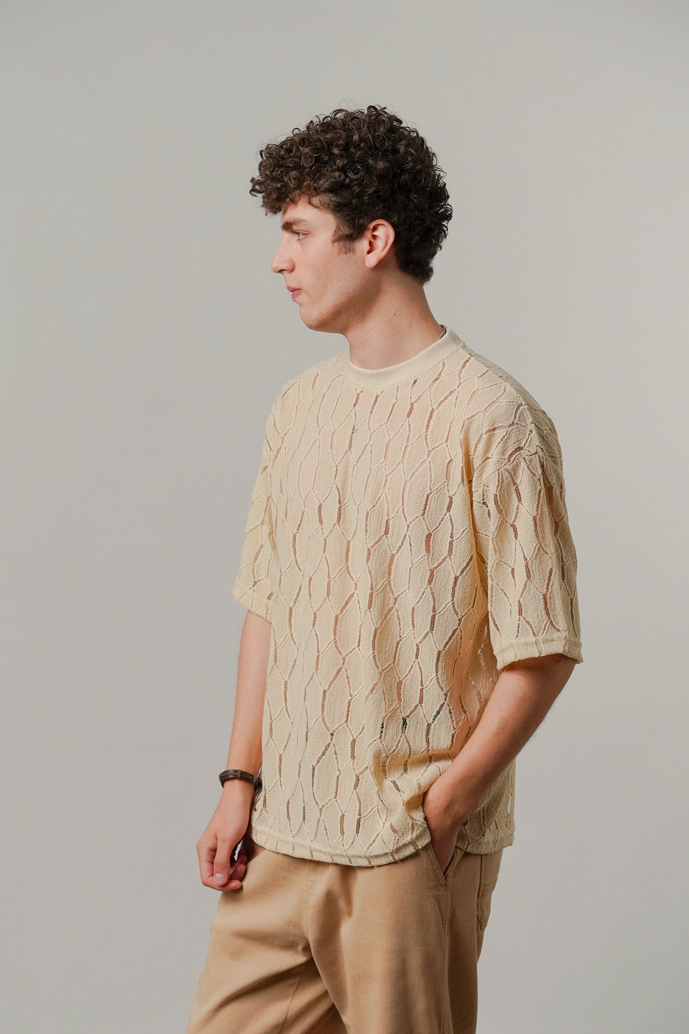 Knitted Oversized T-Shirt - Cream - Mendeez