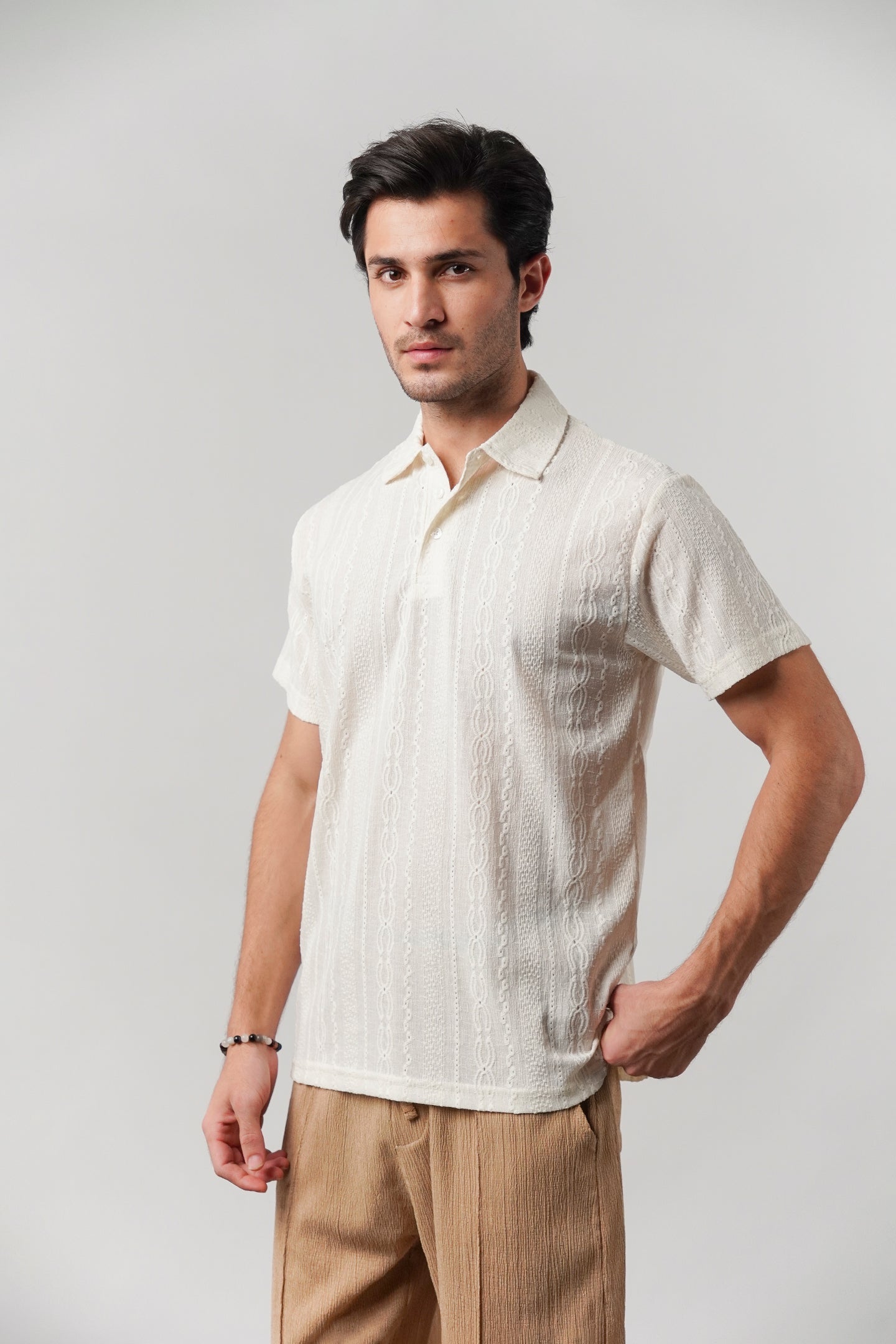 Knitted Polo Shirt - Off-White - Mendeez