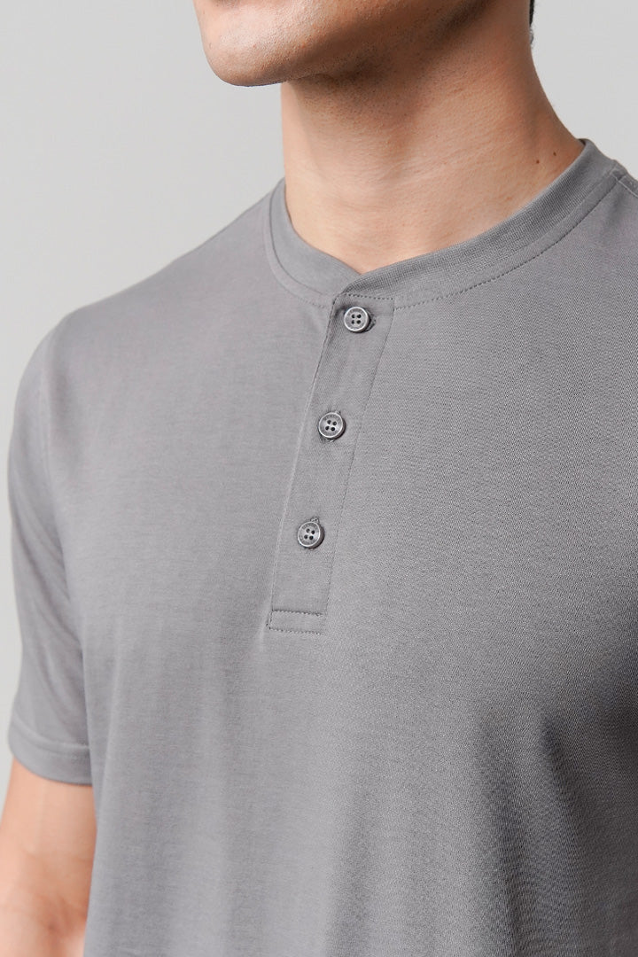 Regular Fit Henley T-Shirt - Grey - Mendeez
