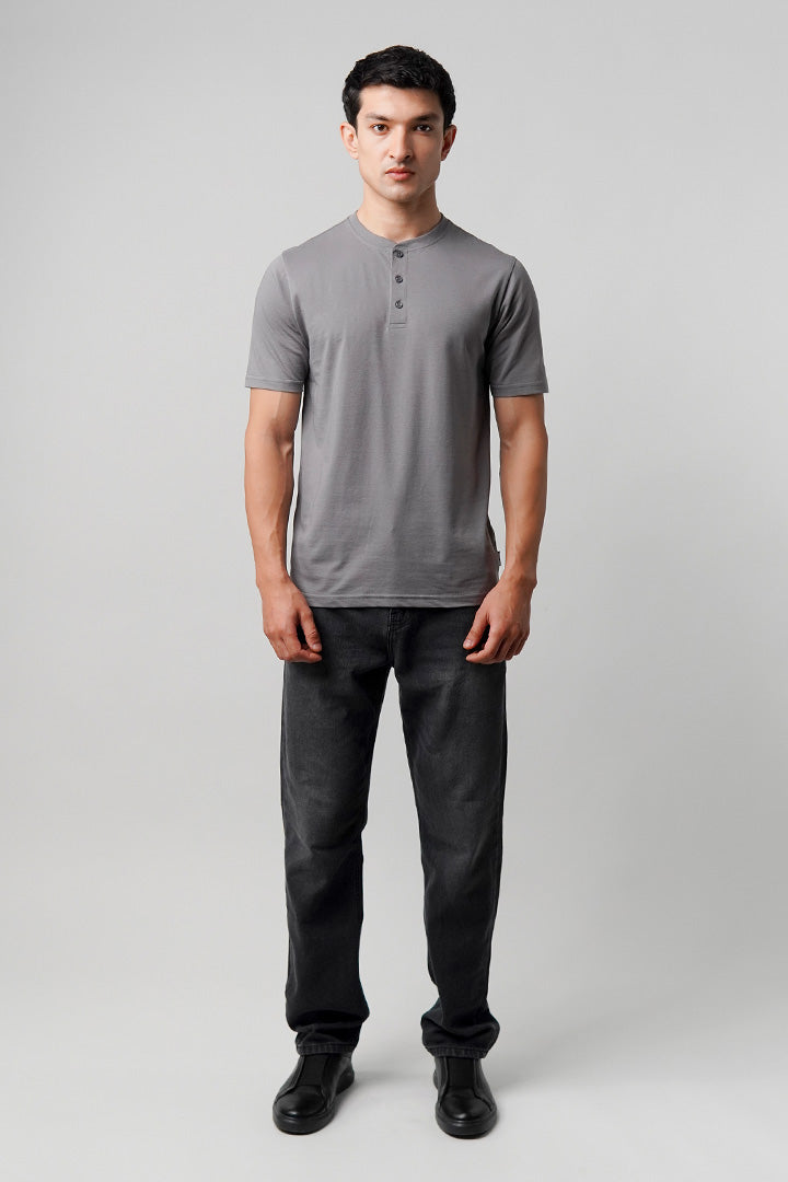 Regular Fit Henley T-Shirt - Grey - Mendeez