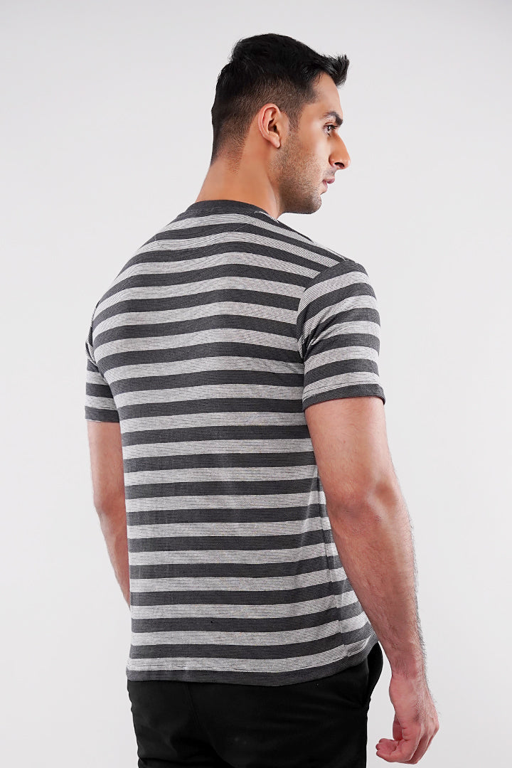 Striped Henley T-Shirt - Grey - Mendeez
