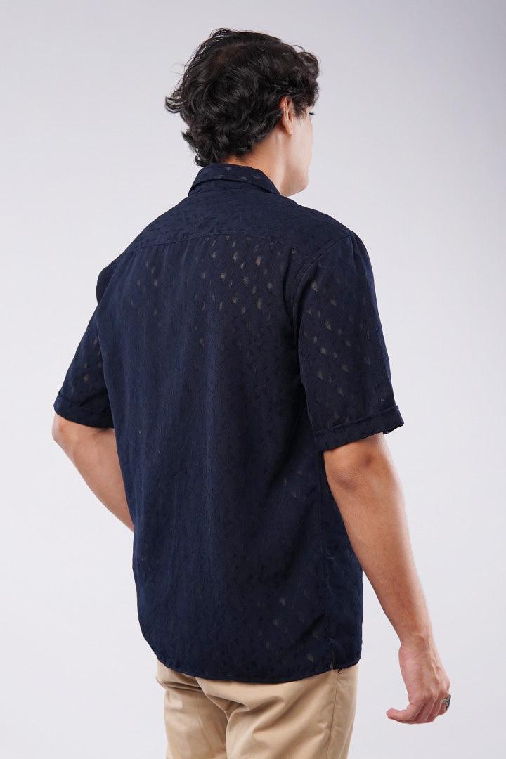 Self Texture Cuban Shirt - Navy Blue - Mendeez